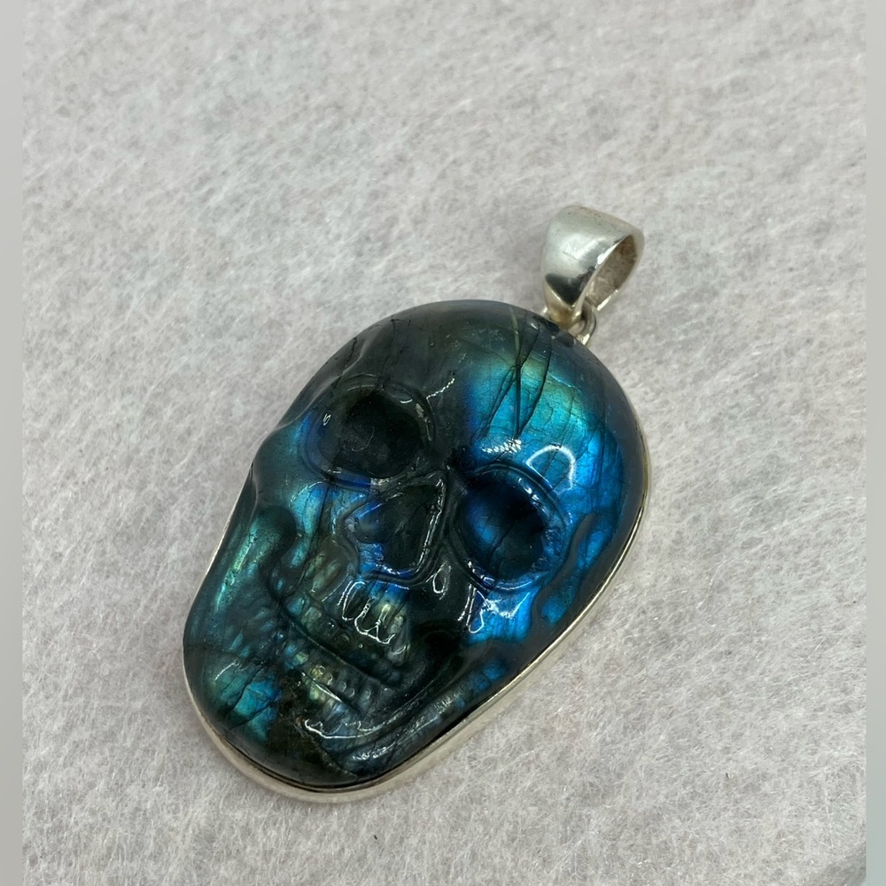 Vtg 925 Sterling Silver & Carved Labradorite Skull Skeleton Heavy Chunky Pendant